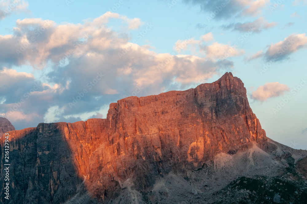 Sunset at the Passo di Giau, in the Italian Dolomites, on a late July evening.