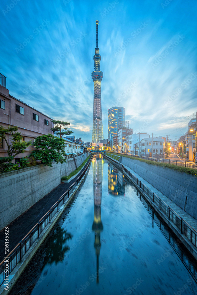 Tokyo Skytree tower at night in Asakusa, Tokyo, Japan. Landmark in Japan.