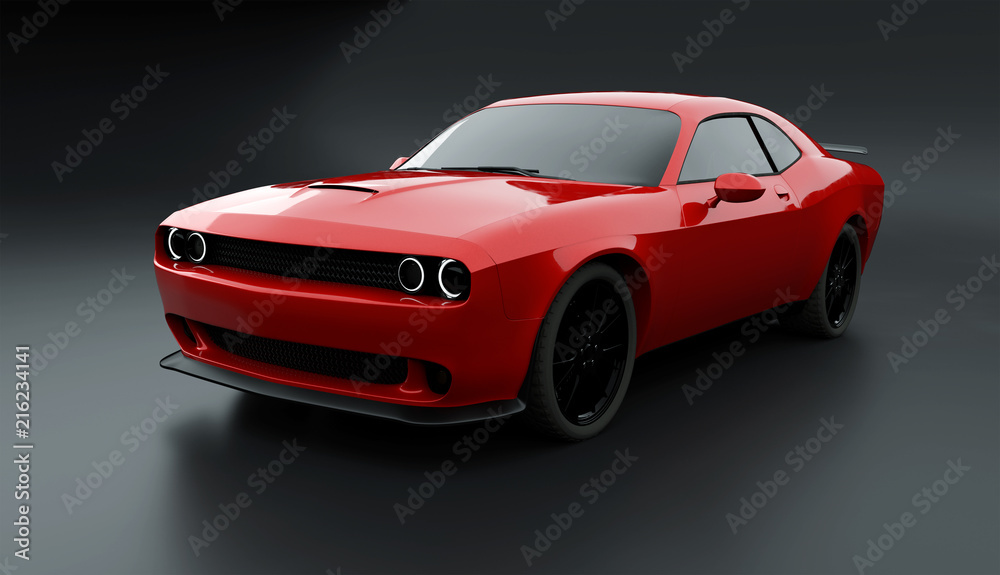 Side angle view of a generic red brandless American muscle car on a grey background . Transportation