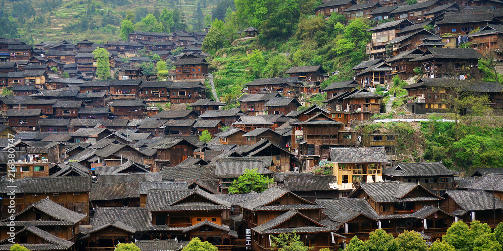 Chinese countryside village with traditional roof  