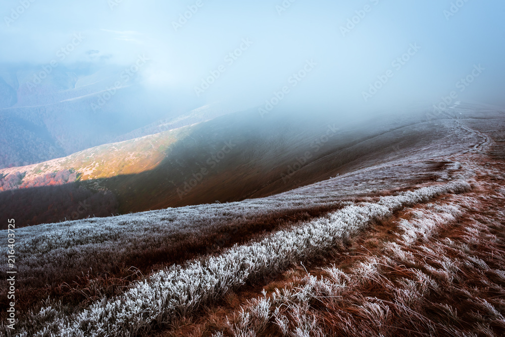 Fantastic autumn landscape with hoarfrost and grassy hills in Carpathian mountains