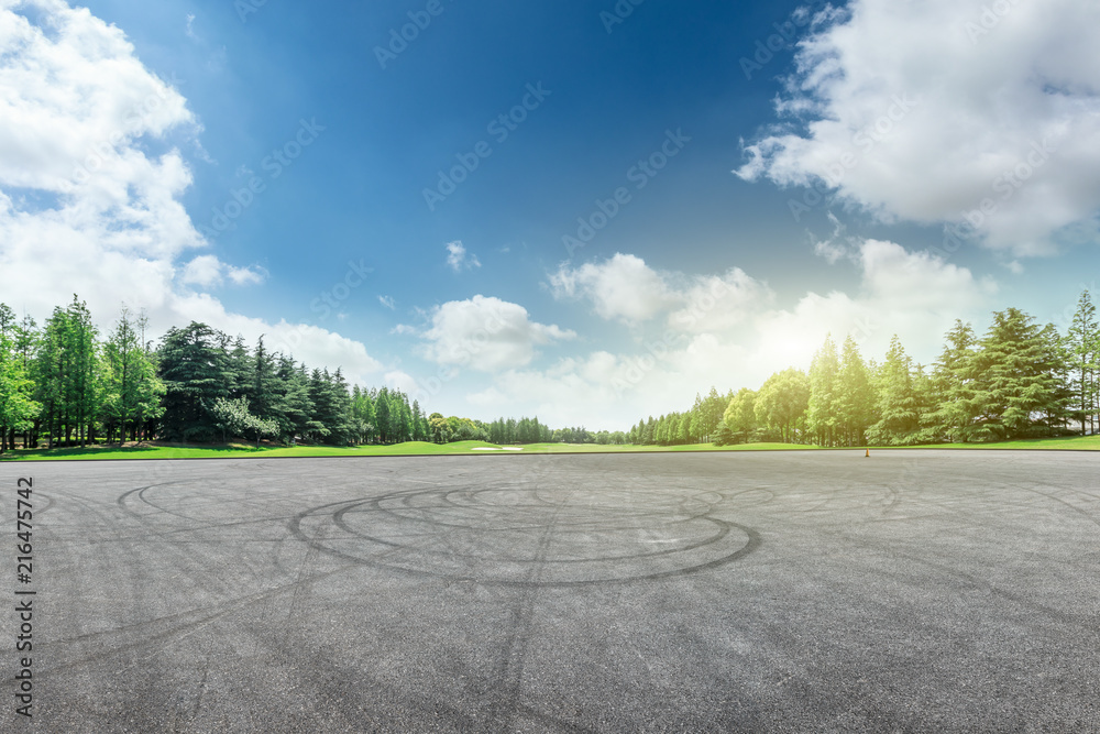 空旷的柏油路和绿色的森林景观