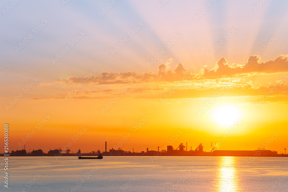 Port-de-Bouc skyline silhouette at sunset