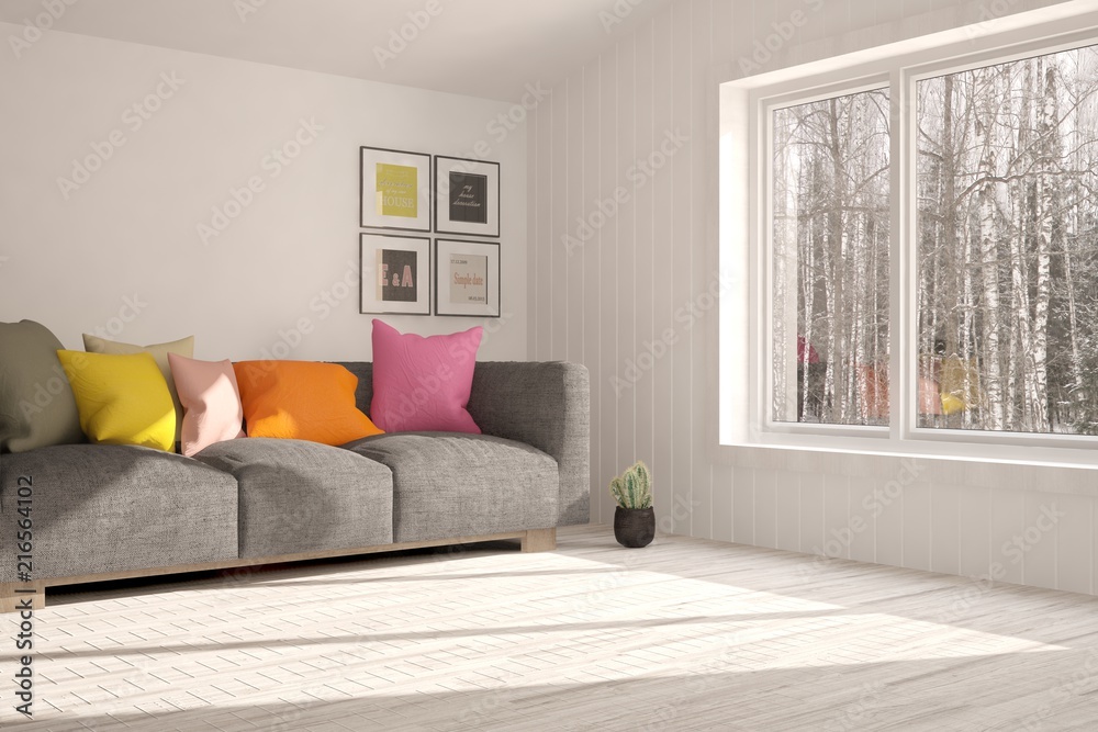 Idea of white minimalist room with sofa. Scandinavian interior design. 3D illustration