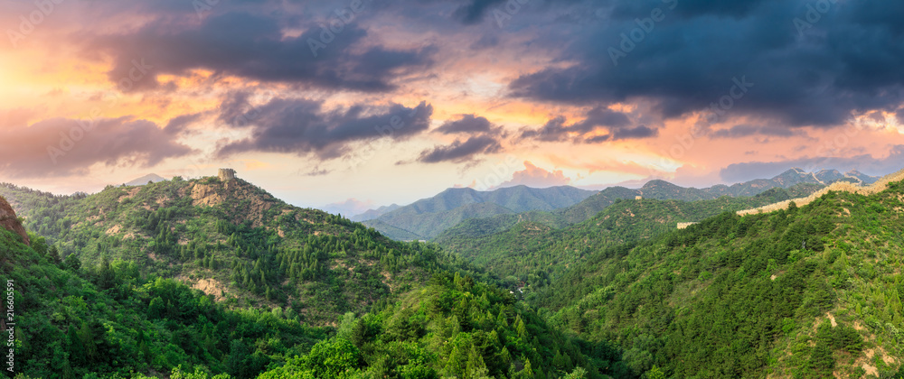 Majestic Great Wall of China at sunset,panoramic view