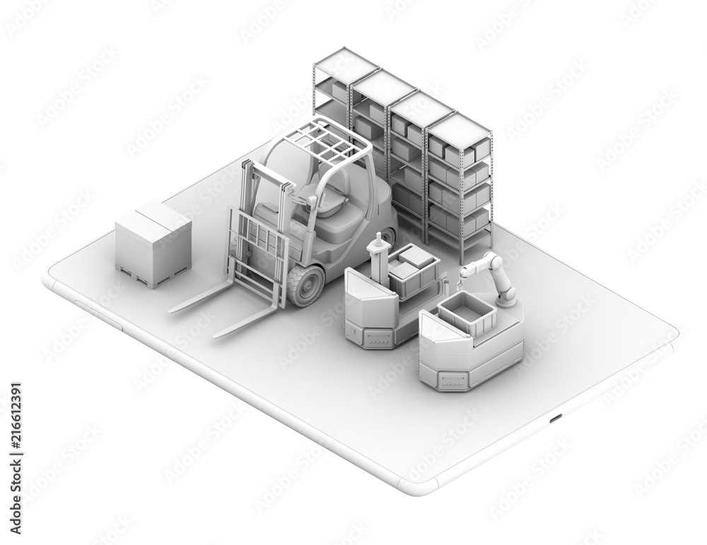 平板电脑上电动叉车、AGV的粘土渲染。工厂自动化概念。3D渲染imag