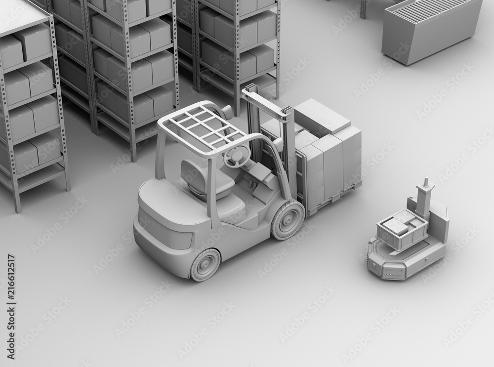 Clay rendering of AGV robot, electric forklift with cardboard boxes in modern distribution center. 3