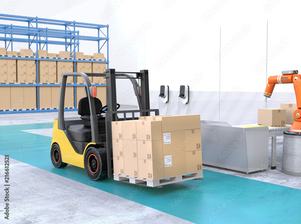 Electric forklift with cardboard boxes in modern distribution center. 3D rendering image.