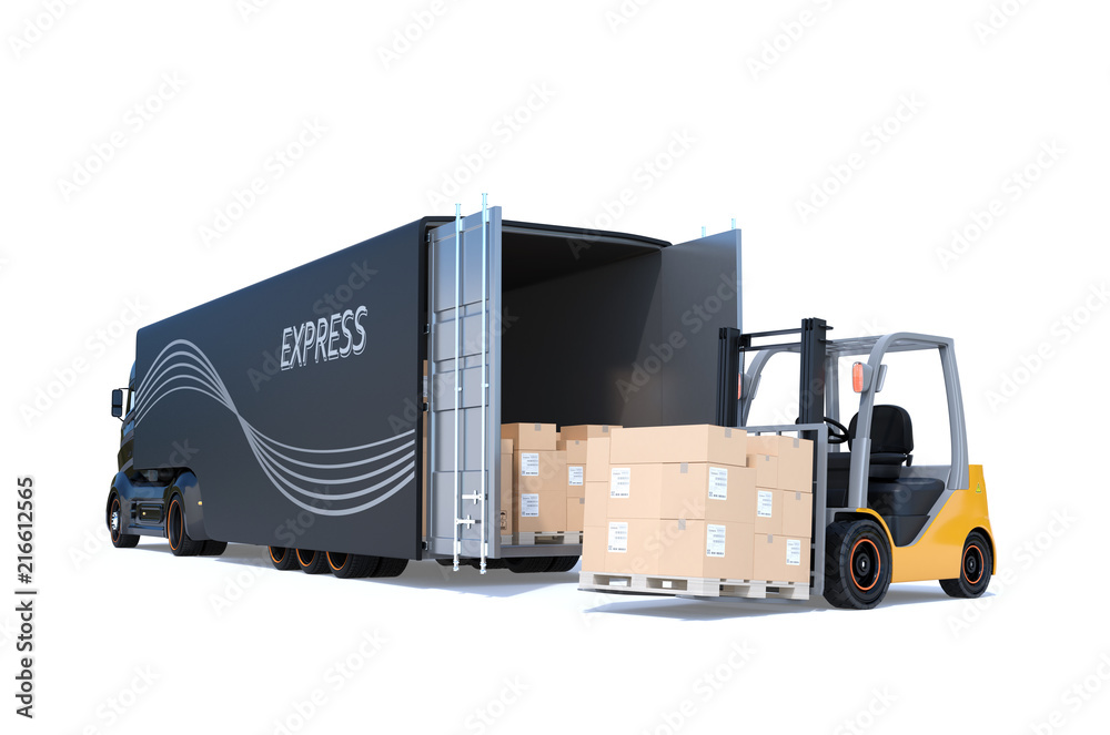 Electric semi truck and forklift isolated on white background. 3D rendering image.