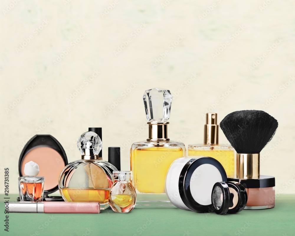 Aromatic Perfume bottles on background