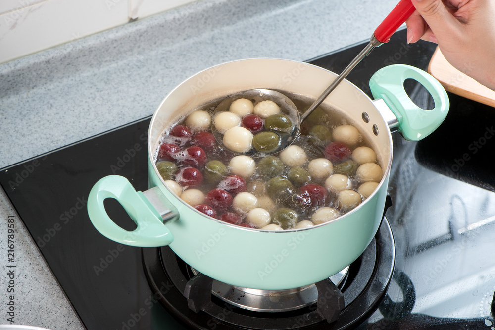 The cooking step of making Japanese Dango dessert with 3 different color in pink(red), white, and gr