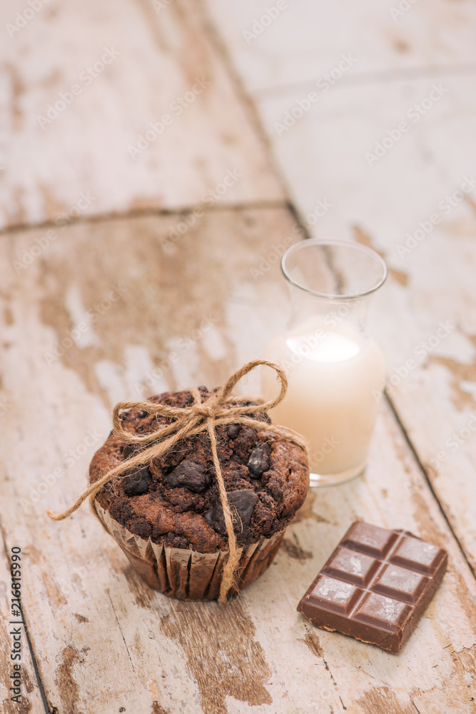 Dellicious homemade chocolate muffin on table. Ready to eat.