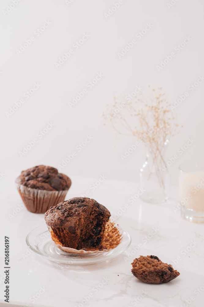 Dellicious homemade chocolate muffin on table. Ready to eat.