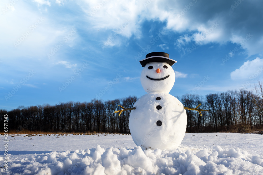 雪地上戴着时髦黑帽子的有趣雪人。圣诞快乐，新年快乐！