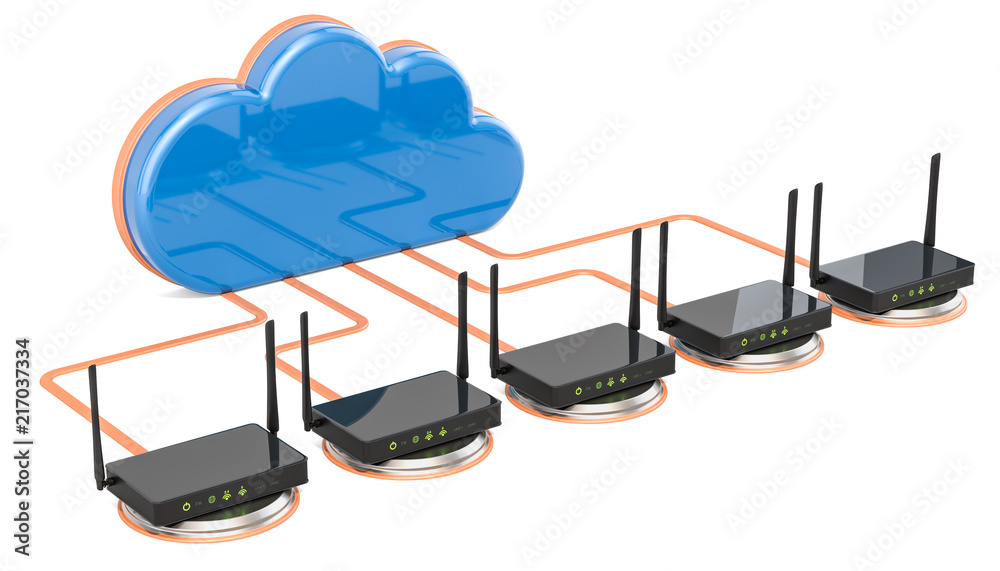 网络连接概念。带路由器的计算机云，3D渲染