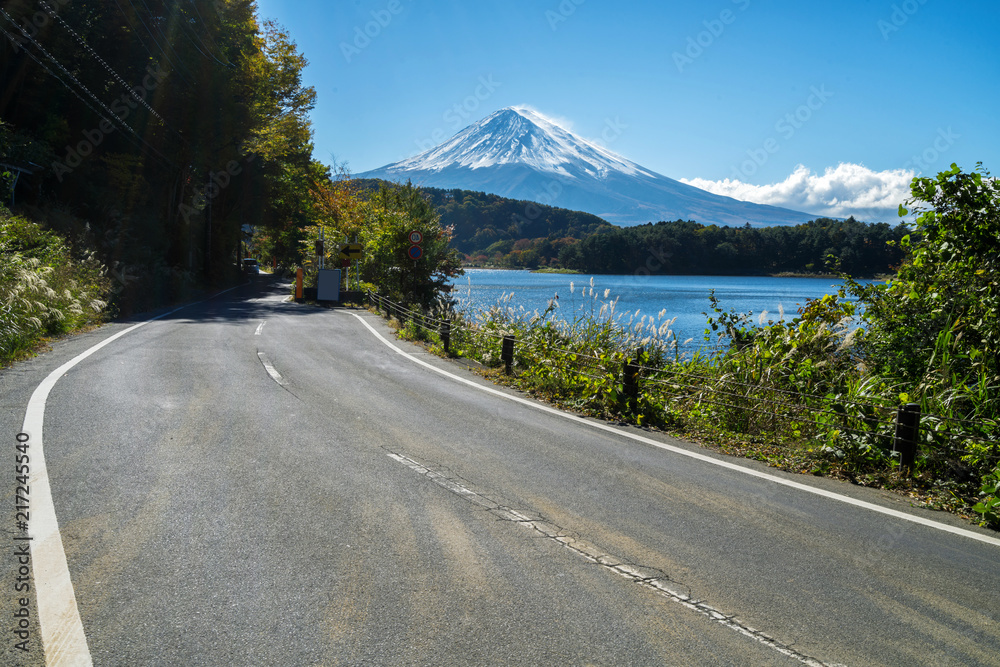 Mt Fuji in Japan and road at Lake Kawaguchiko