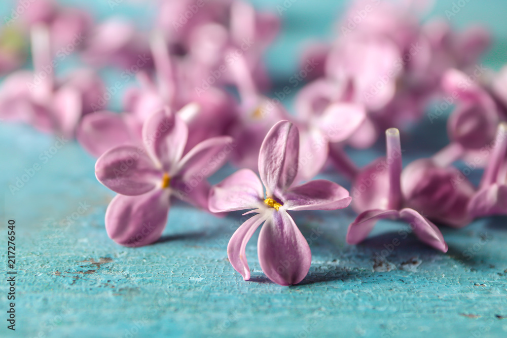 桌子上美丽的丁香花，特写