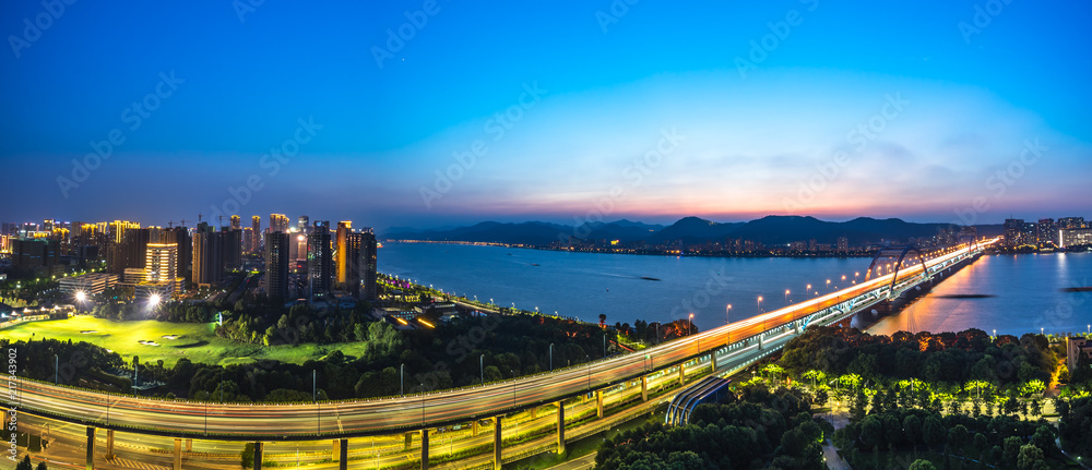 traffic road with city skyline