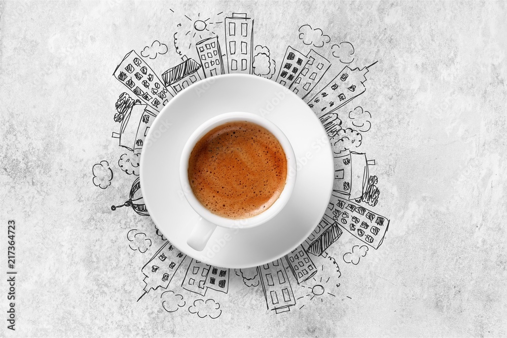 Cup od hot coffe on doodles background