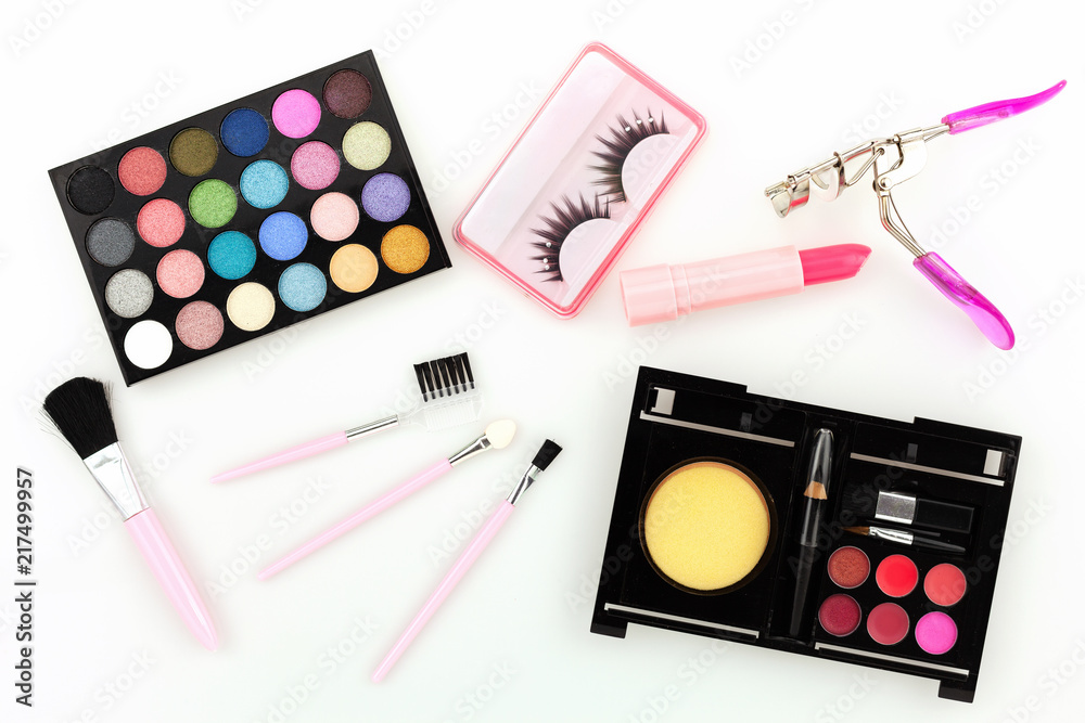 Cosmetics set for women on white background.