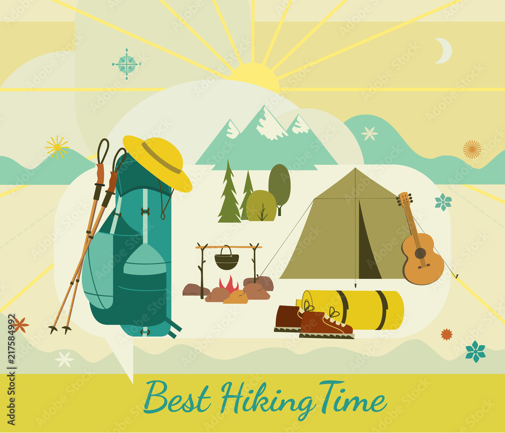 Tourist trip icon set. Minimalist flat design style. Mountains snow peak, hiking boots pole silhouet