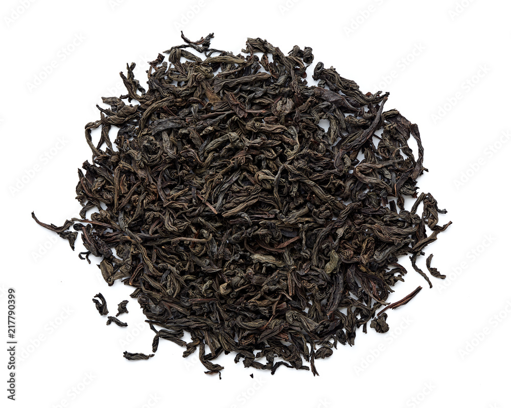 Dried black tea leaves isolated on white background. Top view.