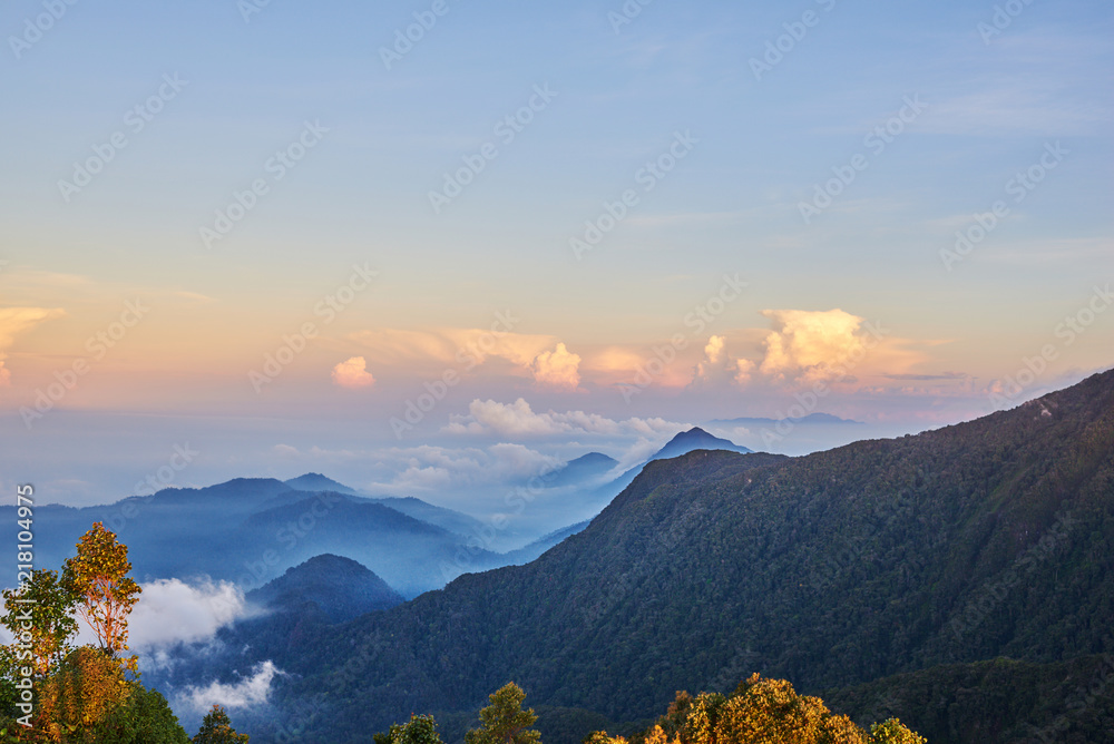 雾中山谷的田园晨景，陆地之间的薄雾和被苏覆盖的明亮天空