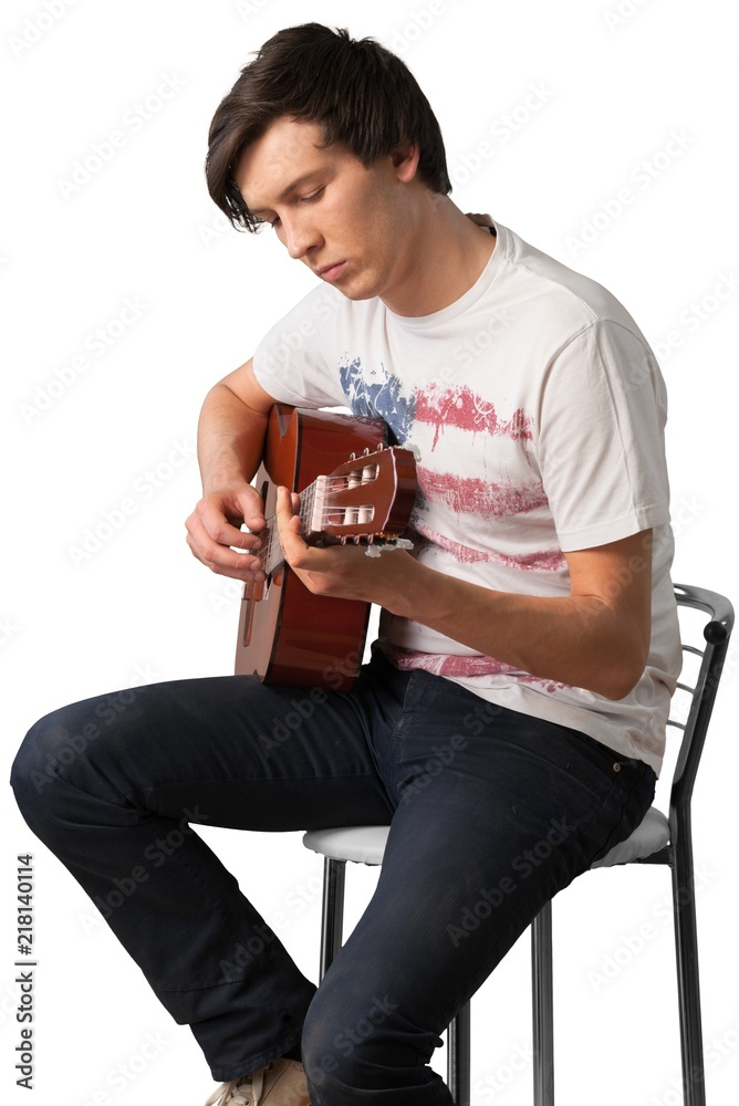 Man Playing Acoustic Guitar, Close-up, Isolated