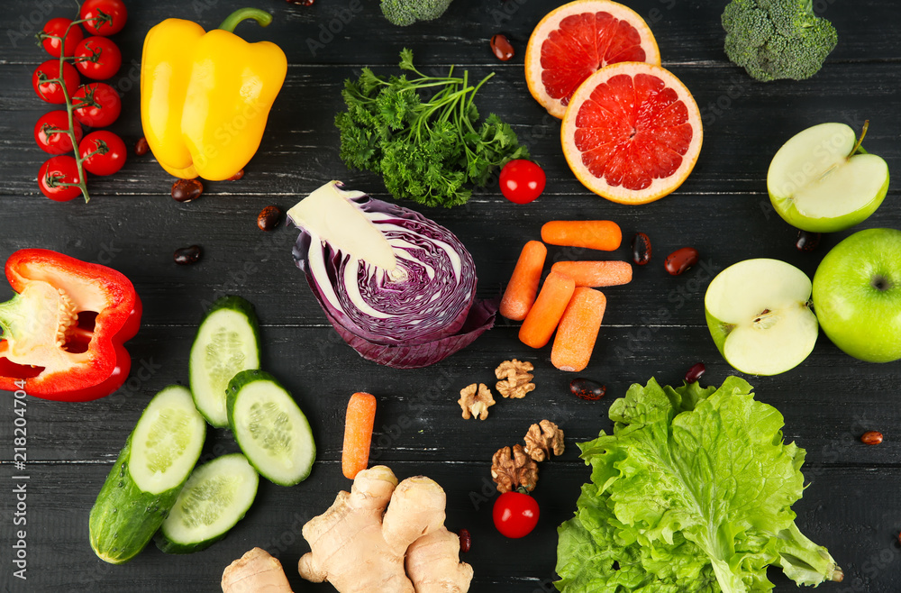 Flat lay composition with diet food on wooden background