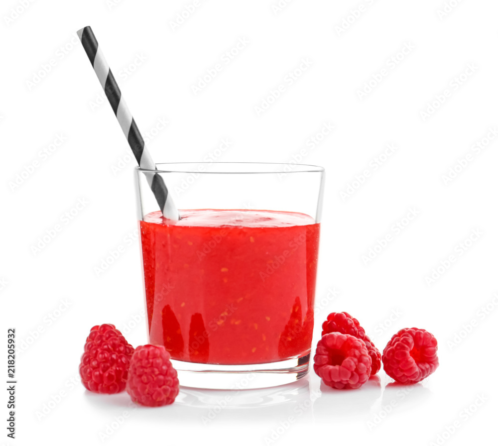 Glass with tasty raspberry smoothie on white background