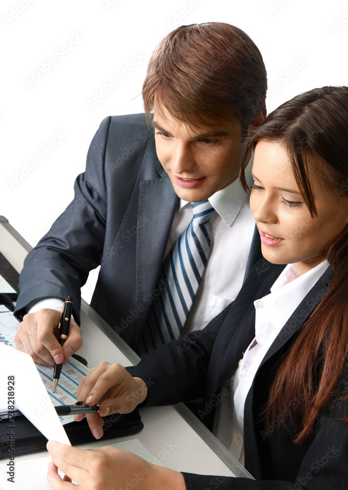 Man and Woman Reading Documents - Isolated