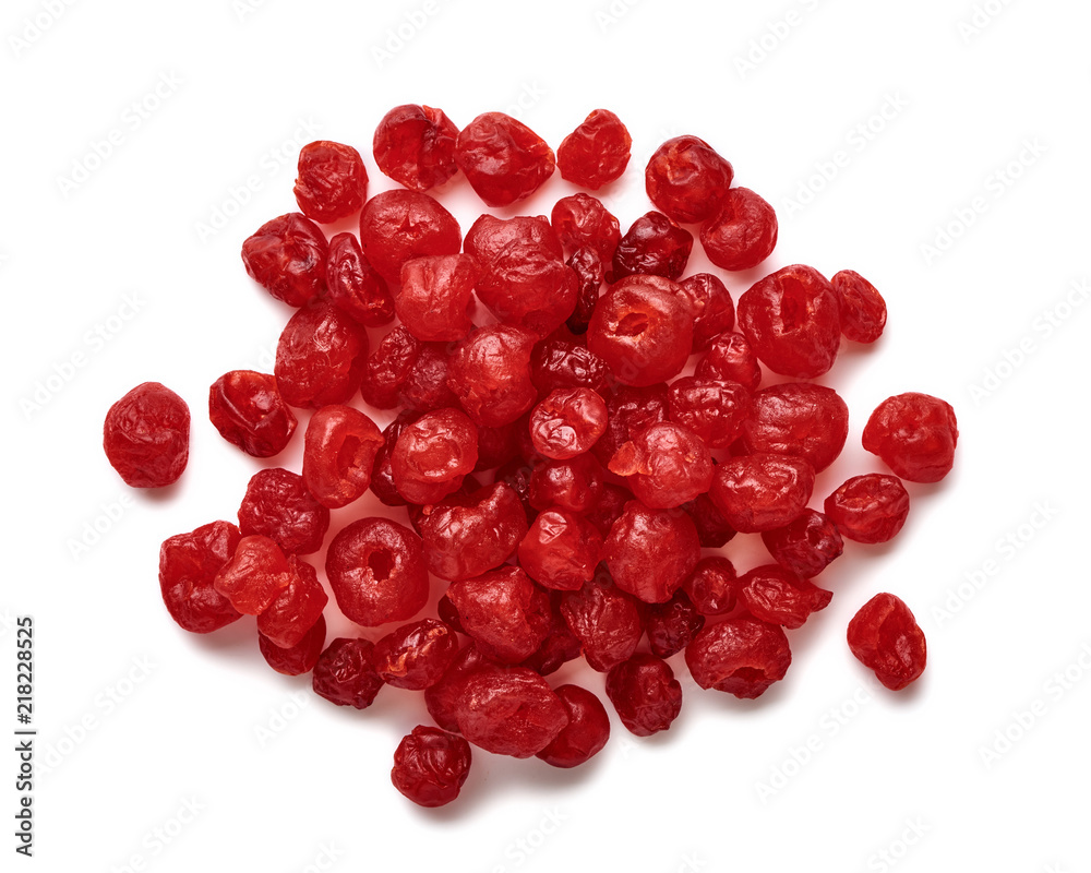 Dried cherries isolated on white background. Top view of candied berries.