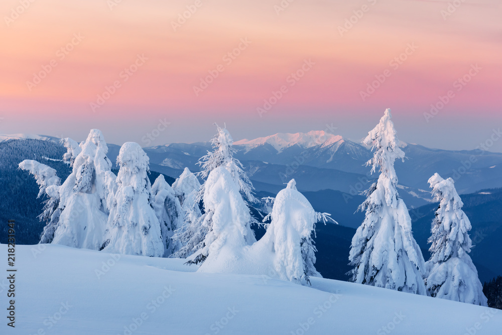 阳光照耀下的雪山中令人惊叹的橙色冬季景观。戏剧性的冬季场景