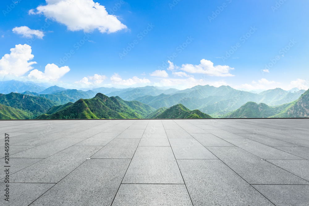 Clean square floor and mountain natural landscape