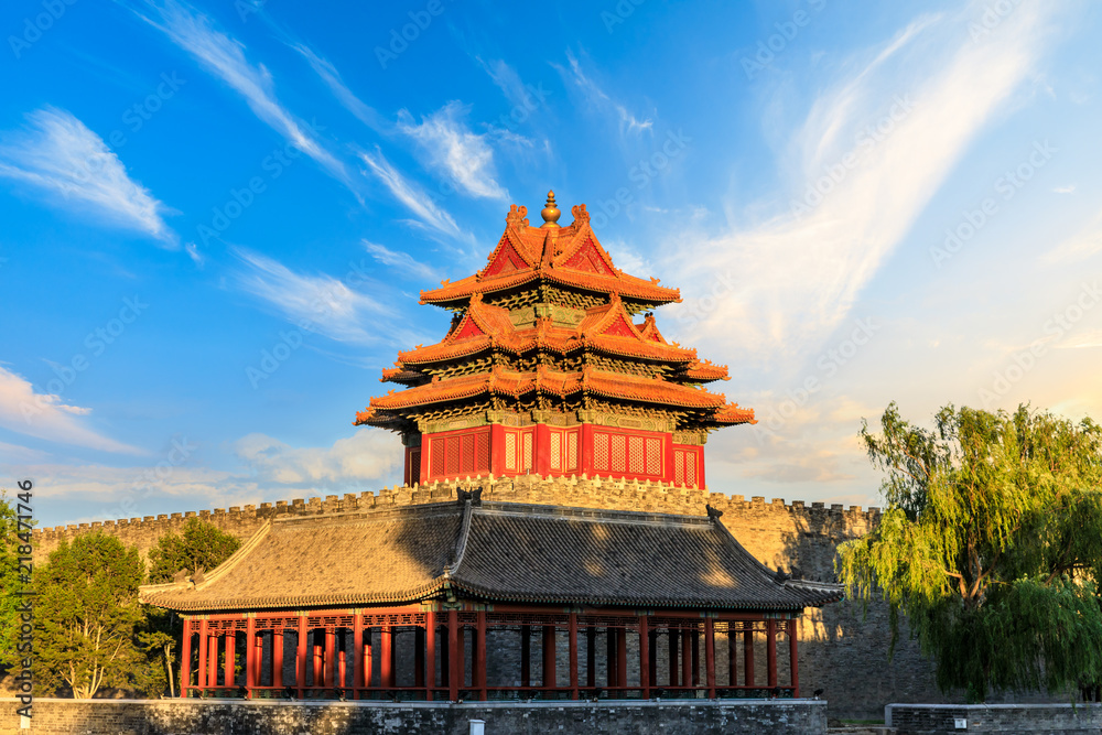 Watchtower of Forbidden City at sunset,Beijing,China