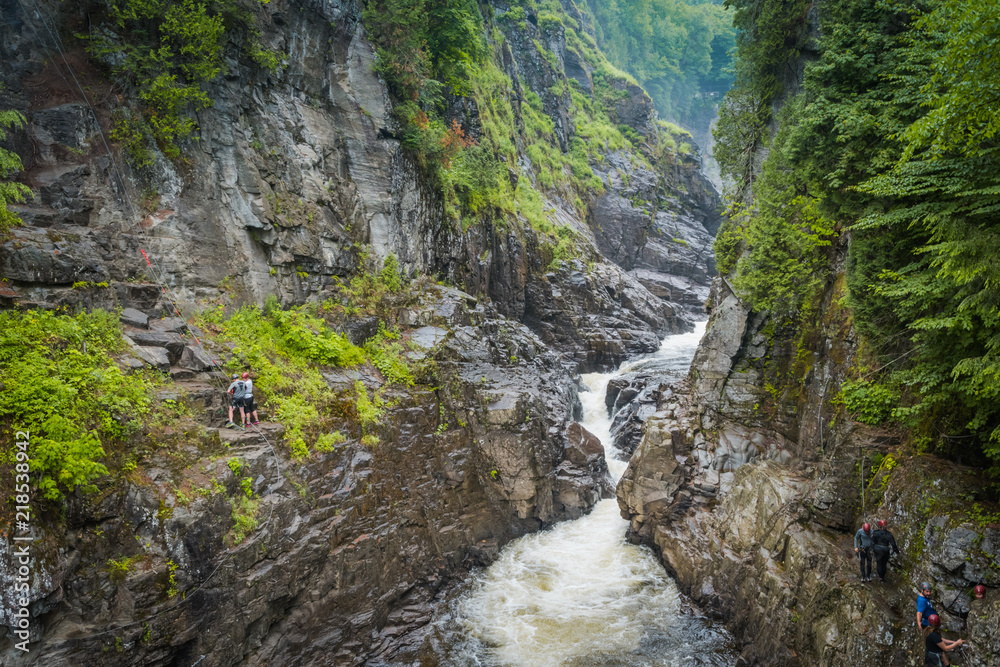 QUEBEC CITY, QUEBEC / CANADA - JULY 14 2018: Canyon Ste-Anne at rainy day