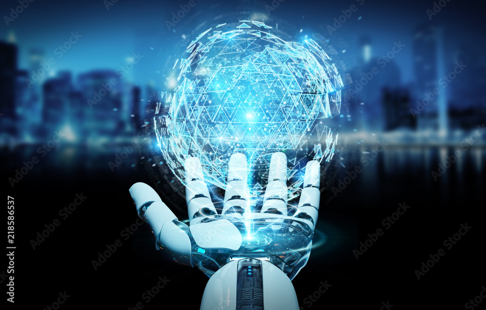 White robot hand using digital triangle exploding sphere hologram 3D rendering