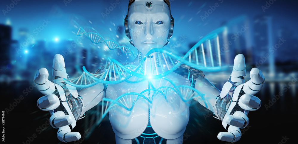 白人女性半机械人扫描人类DNA 3D渲染