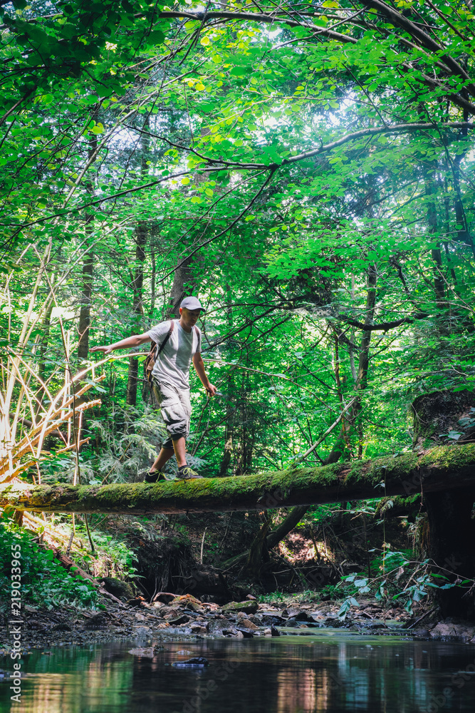 Alone man in wild forest. Travel and adventure concept. Landscape photography