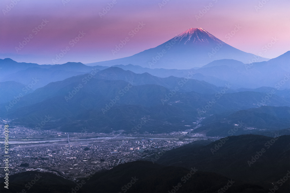 Mount Fuji and Kofu city at sunset time