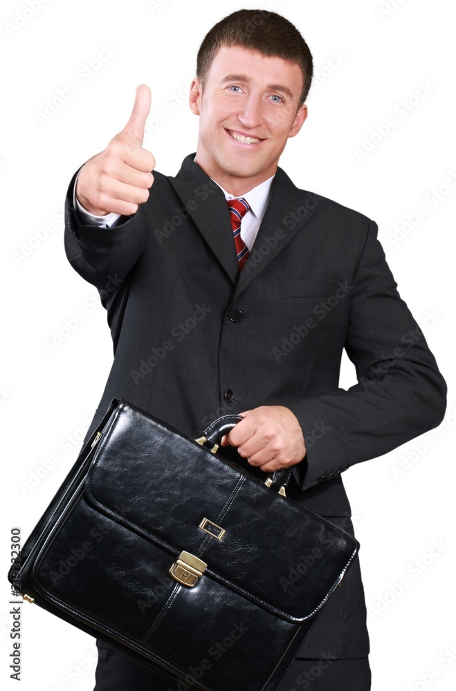 Businessman Showing Thumb Up and Holding Briefcase - Isolated