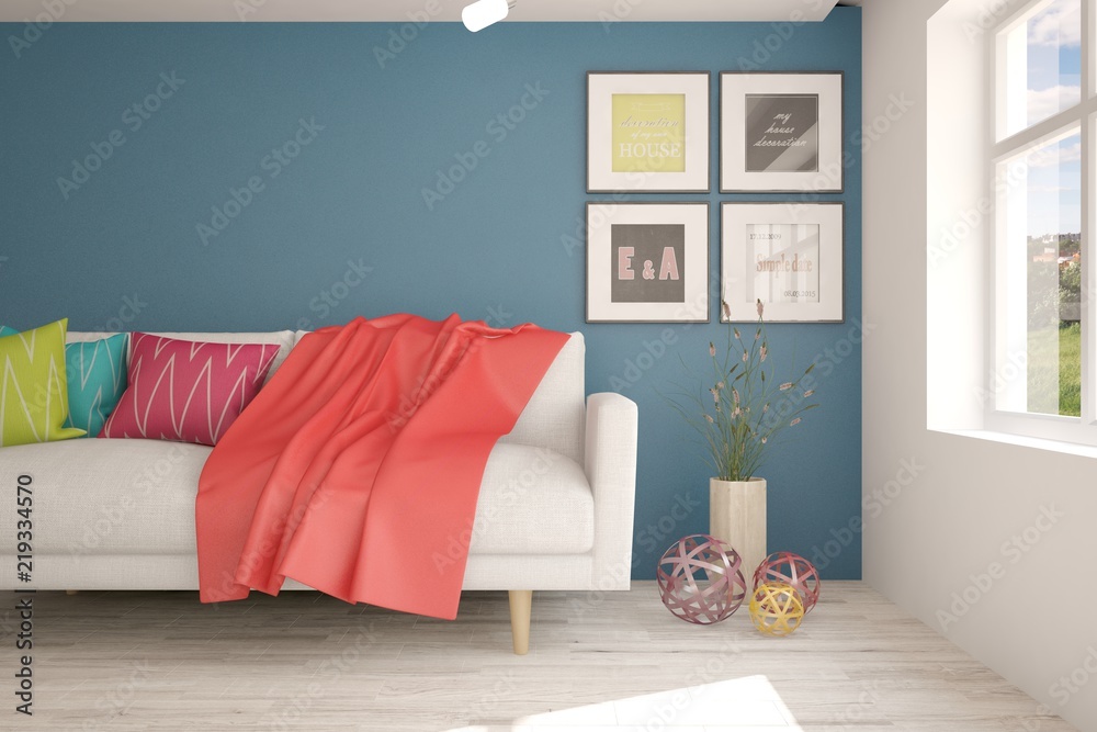 Idea of blue minimalist room with sofa. Scandinavian interior design. 3D illustration