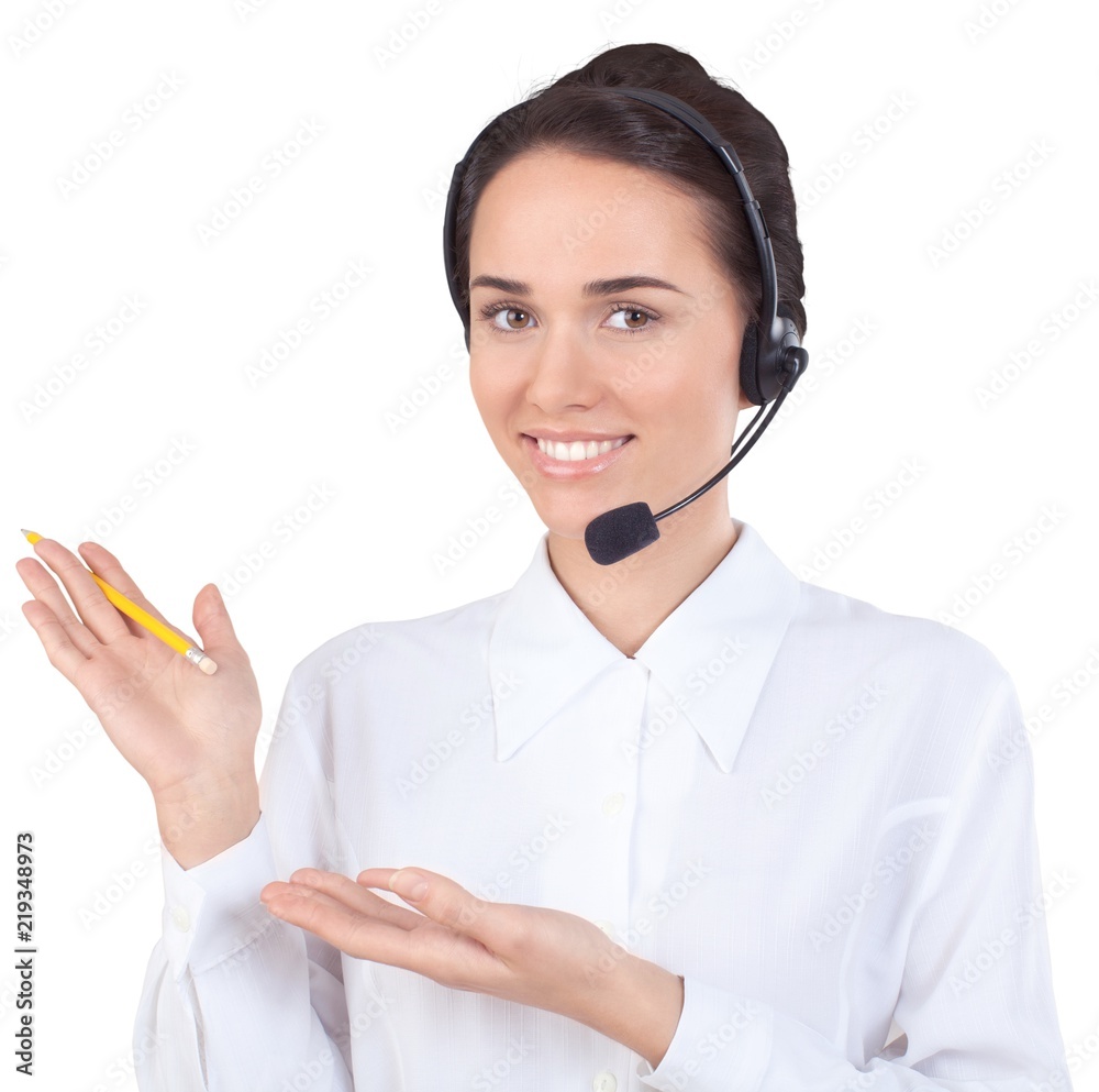 Close-up portrait of young businesswoman with headphones