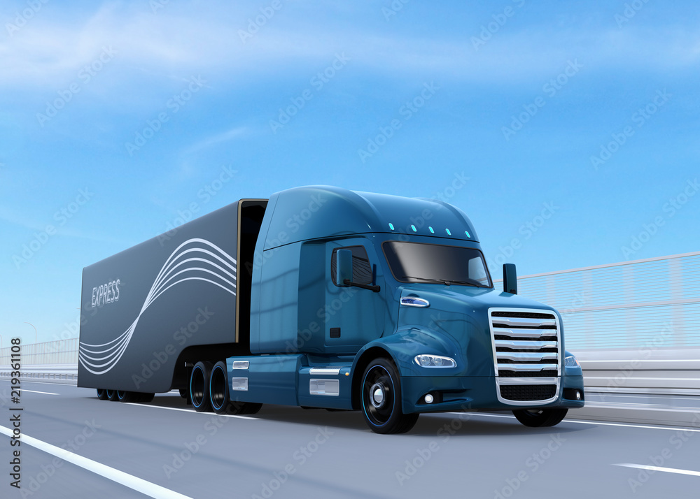 Metallic blue Fuel Cell Powered American Truck driving on highway. 3D rendering image.