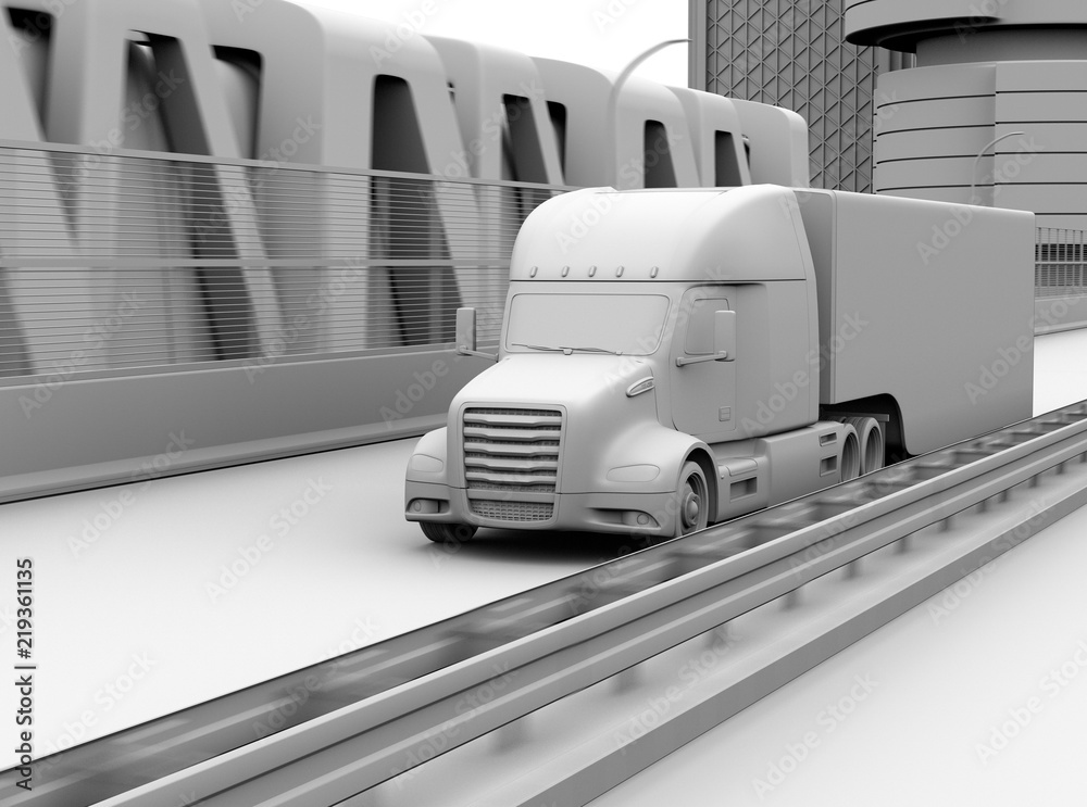 Clay rendering of self-driving Fuel Cell Powered American Truck driving on highway. 3D rendering ima