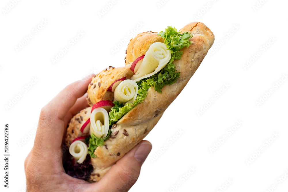 Male hand holding cheese and salad crispy whole wheat baguette isolated on white.