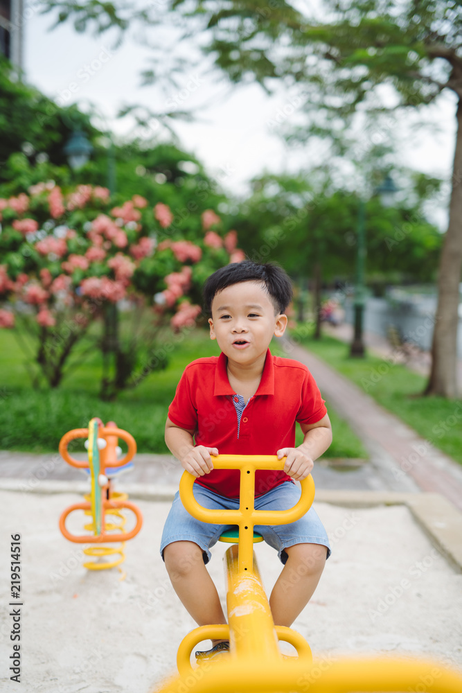 快乐的小男孩在户外玩跷跷板