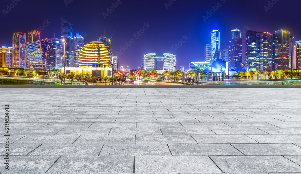 Square floor tiles and Hangzhou skyline