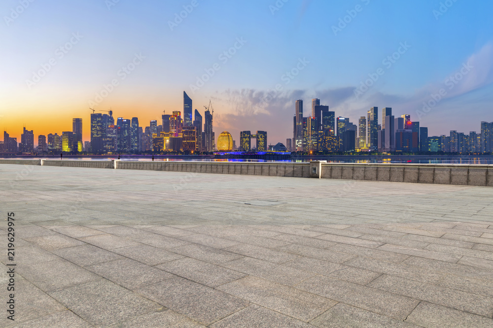 Square floor tiles and Hangzhou skyline