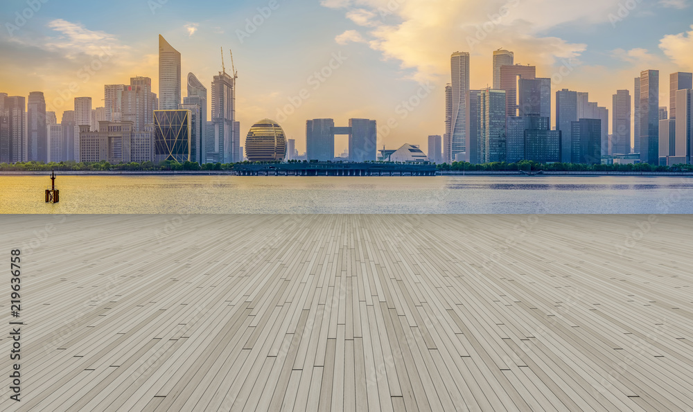 Square floor tiles and Hangzhou skyline